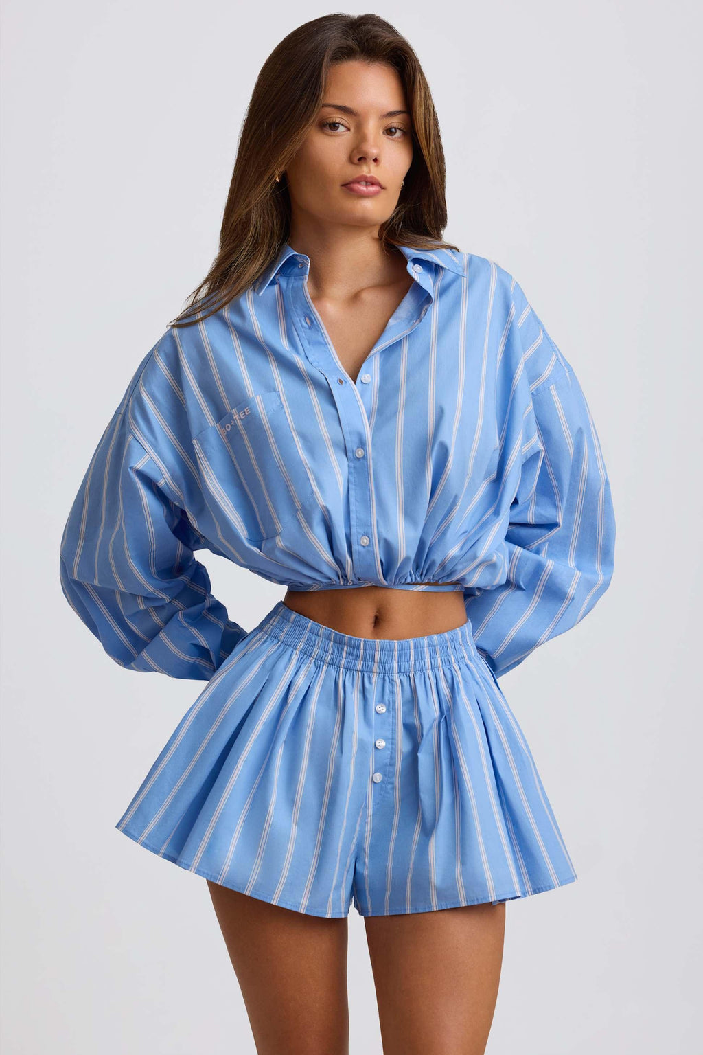 Cotton Poplin Stripe Multiway Cropped Shirt In Blue Stripe